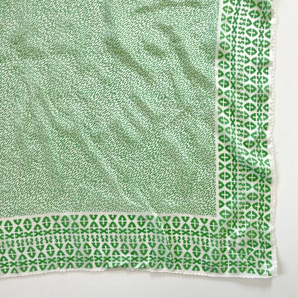 Vintage 70s Silk Square‎ Scarf Green White Colorful Geometric Abstract Japan